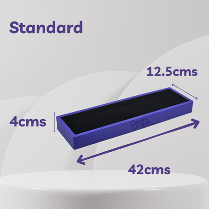 Measurement chart showing dimensions of a standard product with purple text on a white background