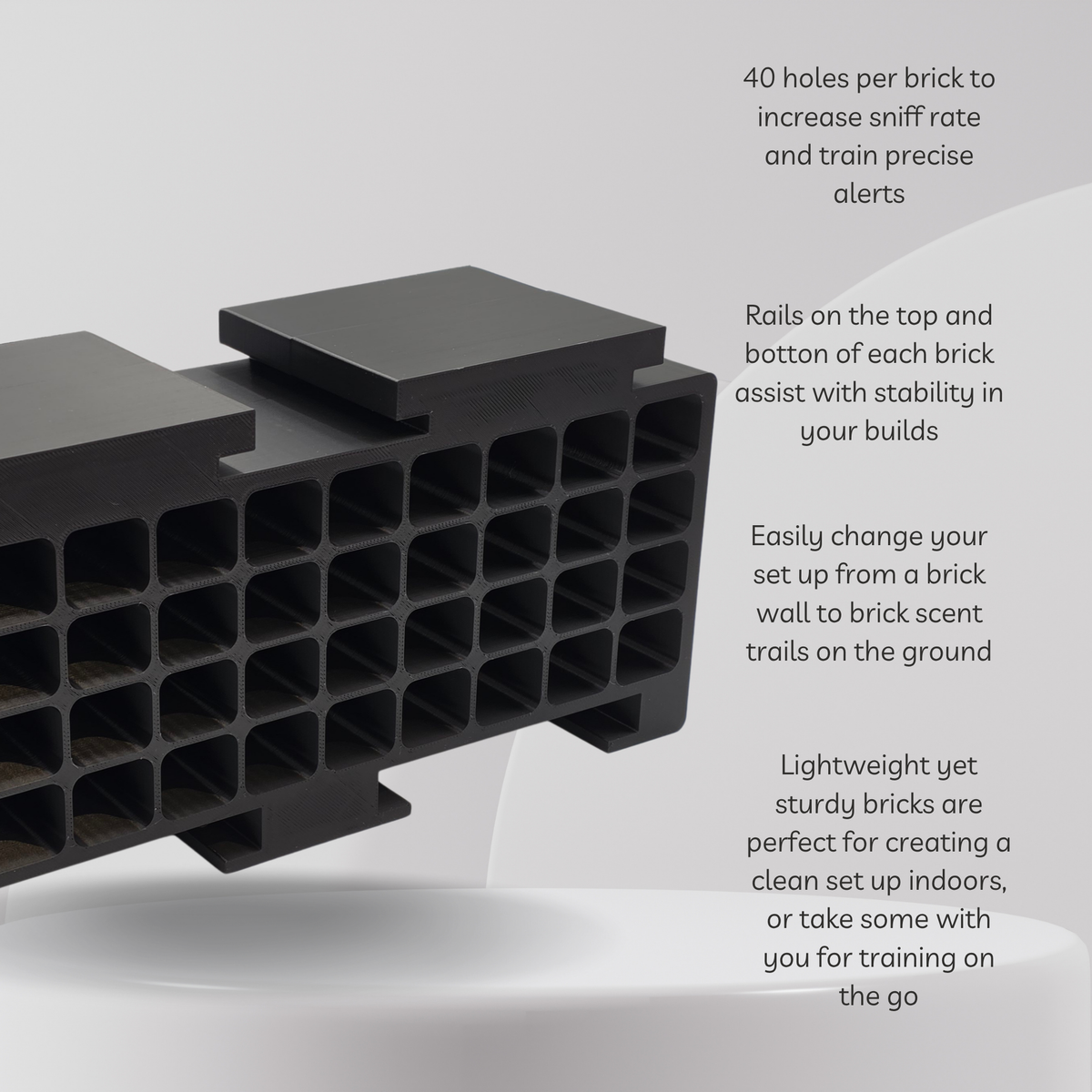 Black plastic sniff rate training bricks shown at an angle with descriptive text overlays on the right detailing their features, such as 40 holes per brick and stability rails.