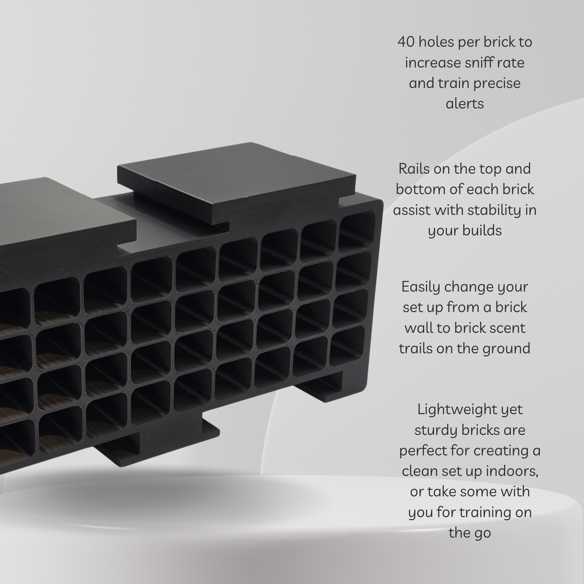 Black plastic sniff rate training bricks shown at an angle with descriptive text overlays on the right detailing their features, such as 40 holes per brick and stability rails.