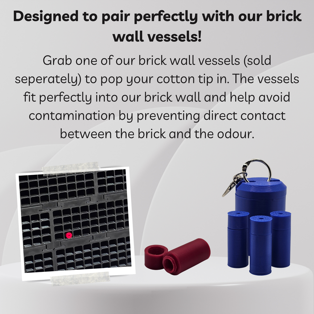 Blue cylindrical brick wall vessels with key rings shown alongside explanatory text about pairing them with a brick wall and using a cotton tip, plus a small inset showing a black grid insert.