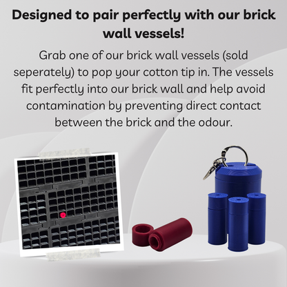 Blue cylindrical brick wall vessels with key rings shown alongside explanatory text about pairing them with a brick wall and using a cotton tip, plus a small inset showing a black grid insert.