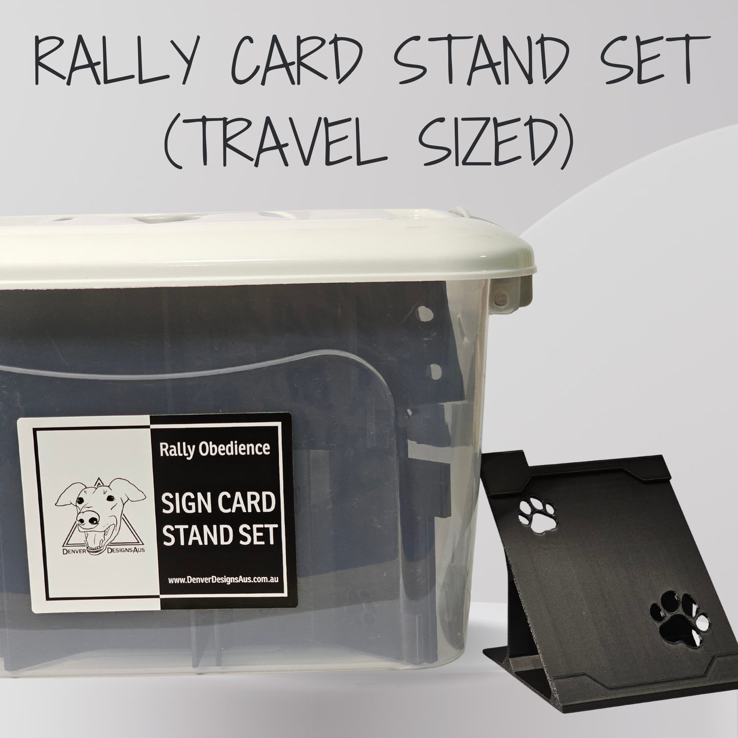 Clear plastic container with Rally Obedience sign card stand set on a white background