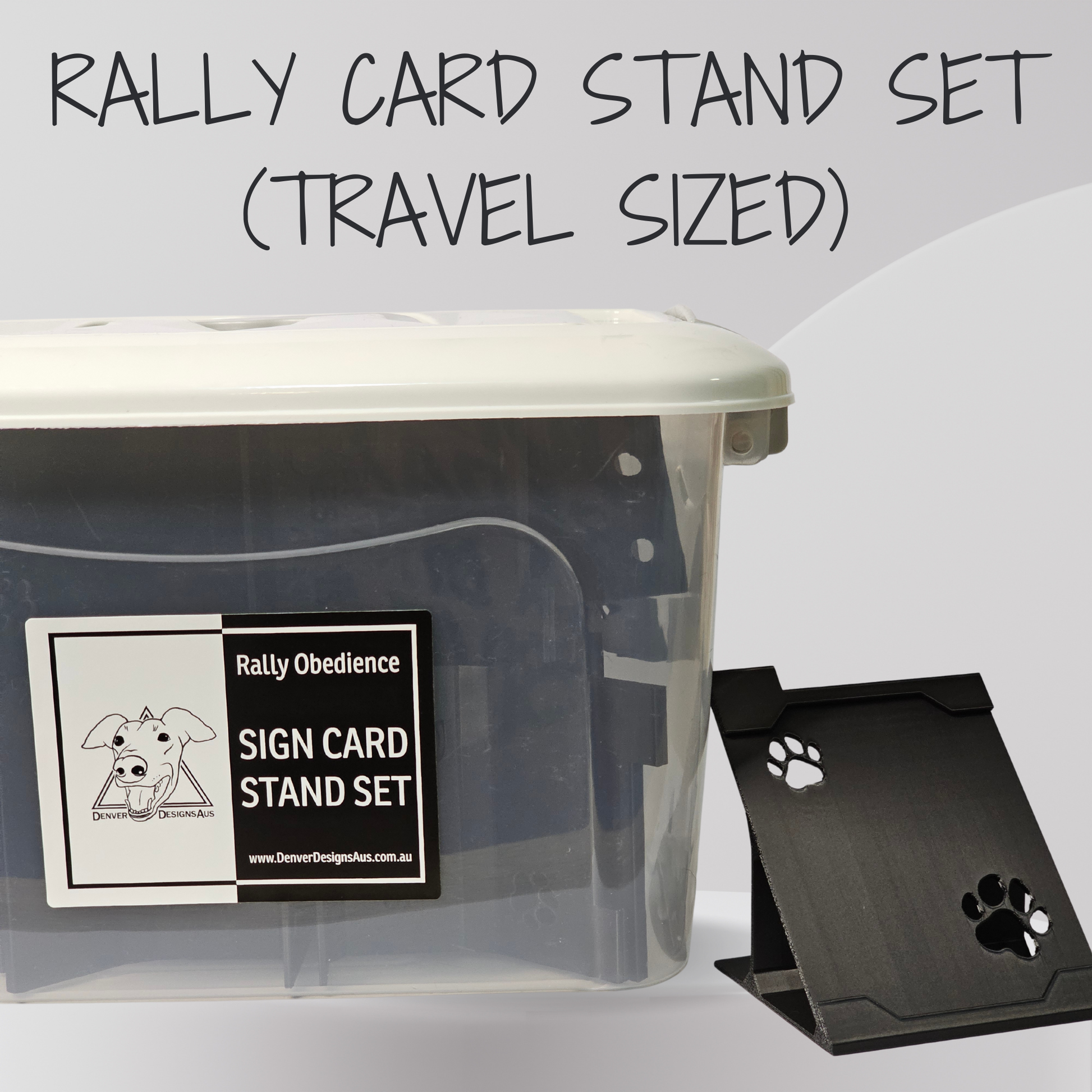 Clear plastic container with Rally Obedience sign card stand set on a white background