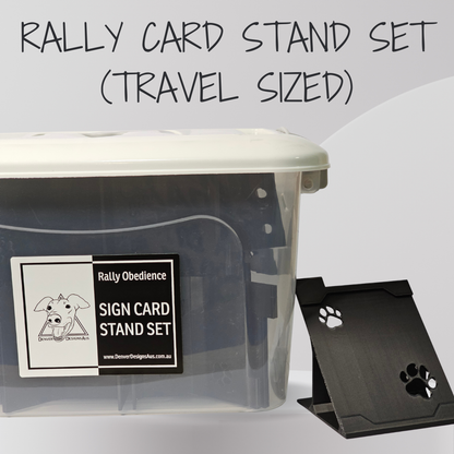Clear plastic container with Rally Obedience sign card stand set on a white background
