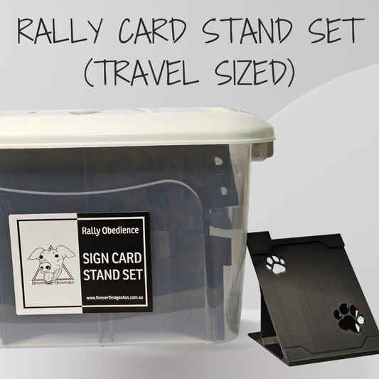 Clear plastic container with Rally Obedience sign card stand set on a white background