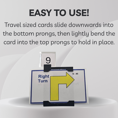 Travel-sized card holder with a card displaying a right turn arrow on a gray background.
