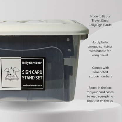 Hard plastic storage container with handle for Rally Obedience sign cards on a white background