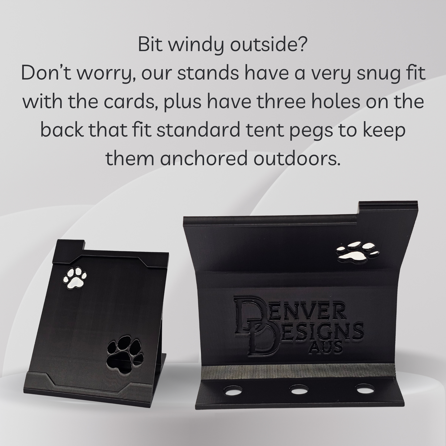 Black card stands with paw prints and 'Denver Designs Aus' branding on a white background.