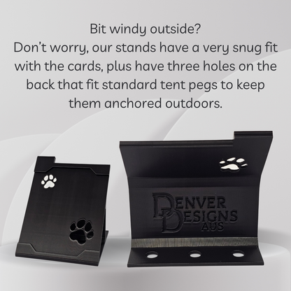 Black card stands with paw prints and 'Denver Designs Aus' branding on a white background.
