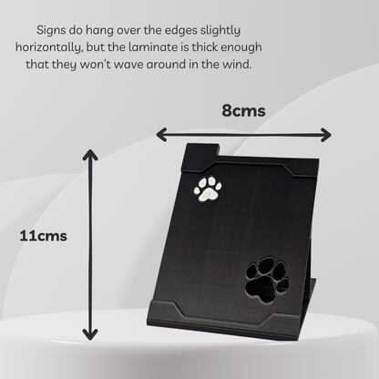 Black stand with paw prints on a white background, showing dimensions.