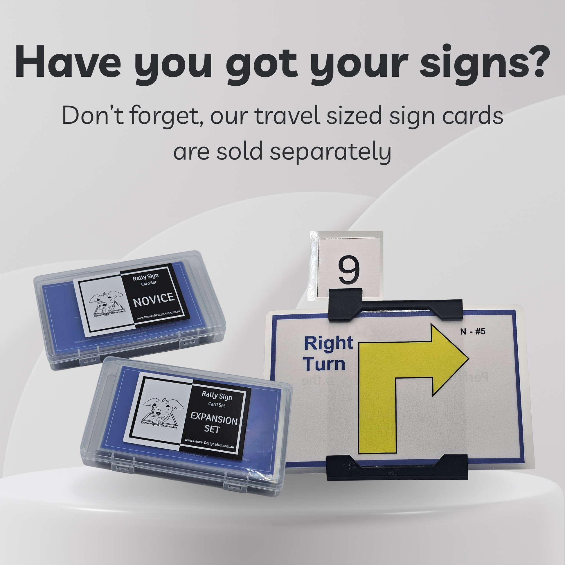 Travel-sized sign cards with a right turn arrow and text on a white background