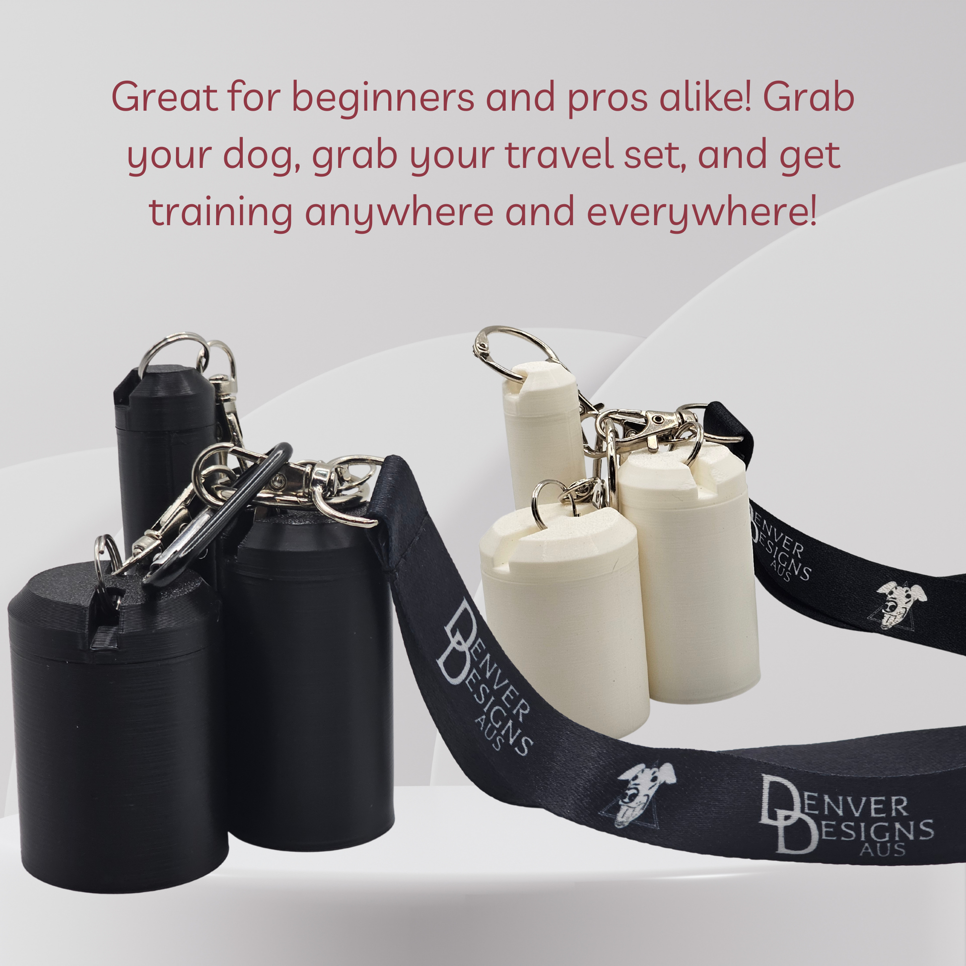Two sets of dog training keychains shown on a light gray background with promotional text at the top. One set is black with silver metal rings and clips, and the other is off-white/cream with silver metal rings and clips.