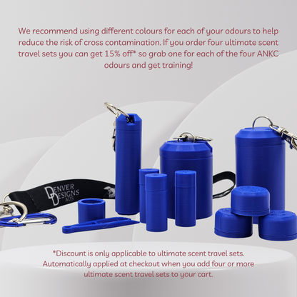 A set of blue cylindrical scent vessels and matching caps with metal keychains, displayed on a light gray background with promotional text. A black wristlet strap with 'DENVER DESIGNS' branding is also shown.