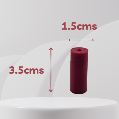 A dark red cylindrical scent vessel shown on a white pedestal with overlaid dimension arrows and text indicating a height of 3.5cm and a width of 1.