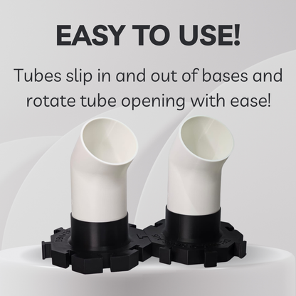 Two white tubes with black bases on a gray background, labeled 'EASY TO USE!'.