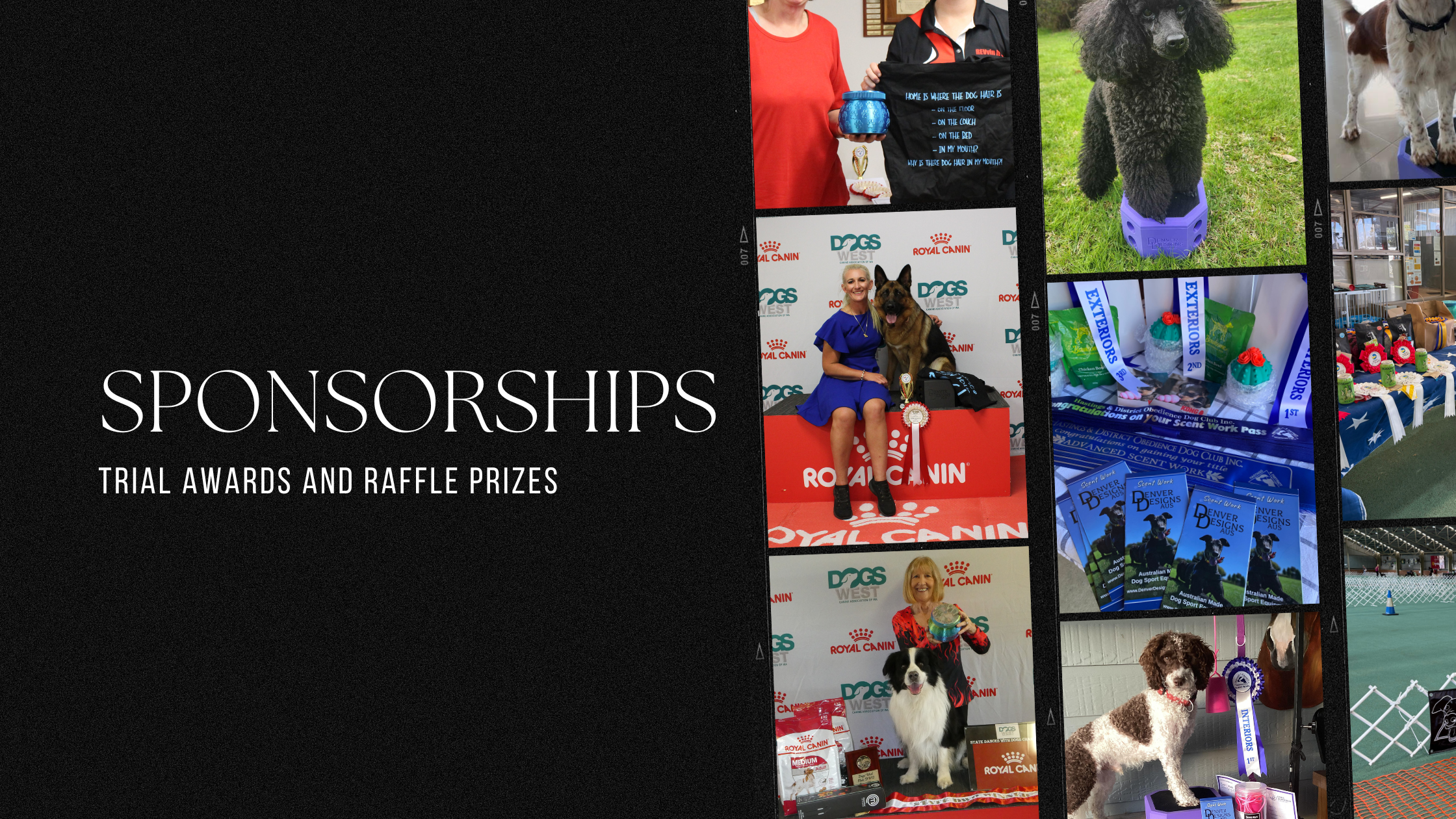 Collage of images with text 'Sponsorships', 'Trial Awards and Raffle Prizes' on a black background.