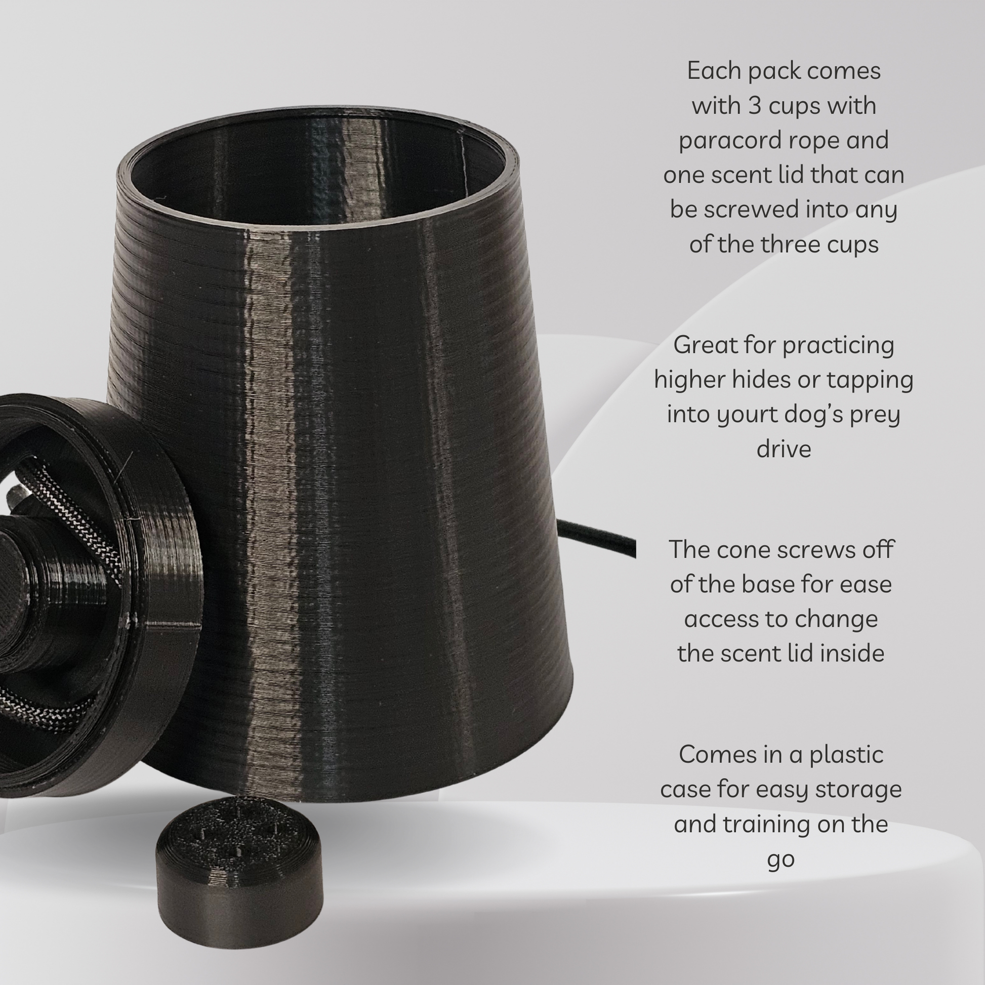 A black cylindrical training cone device shown on a light gray background with descriptive text on the right. The cone is open, with a separate black cap placed in front and part of the base visible.