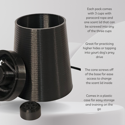 A black cylindrical training cone device shown on a light gray background with descriptive text on the right. The cone is open, with a separate black cap placed in front and part of the base visible.