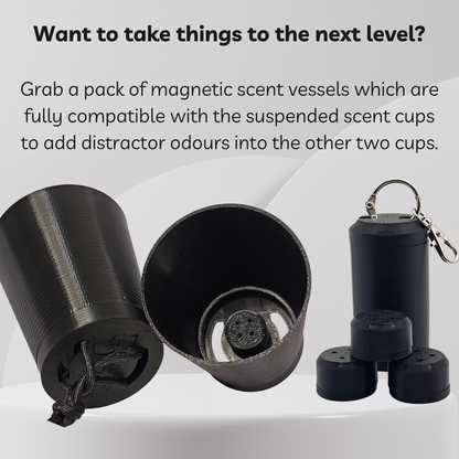 Black magnetic scent vessels shown on a light gray background with promotional text. The image includes a cylindrical vessel with a drawstring, an open vessel showing the interior, and a set of smaller matching vessels with a metal keychain clip.