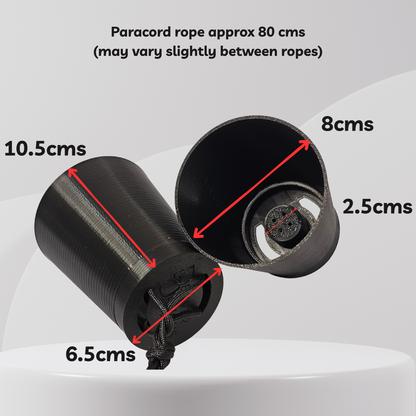 Black cylindrical paracord rope shown from two angles with red dimension arrows and text labels indicating outer diameter 10.5cm, inner diameter 2.