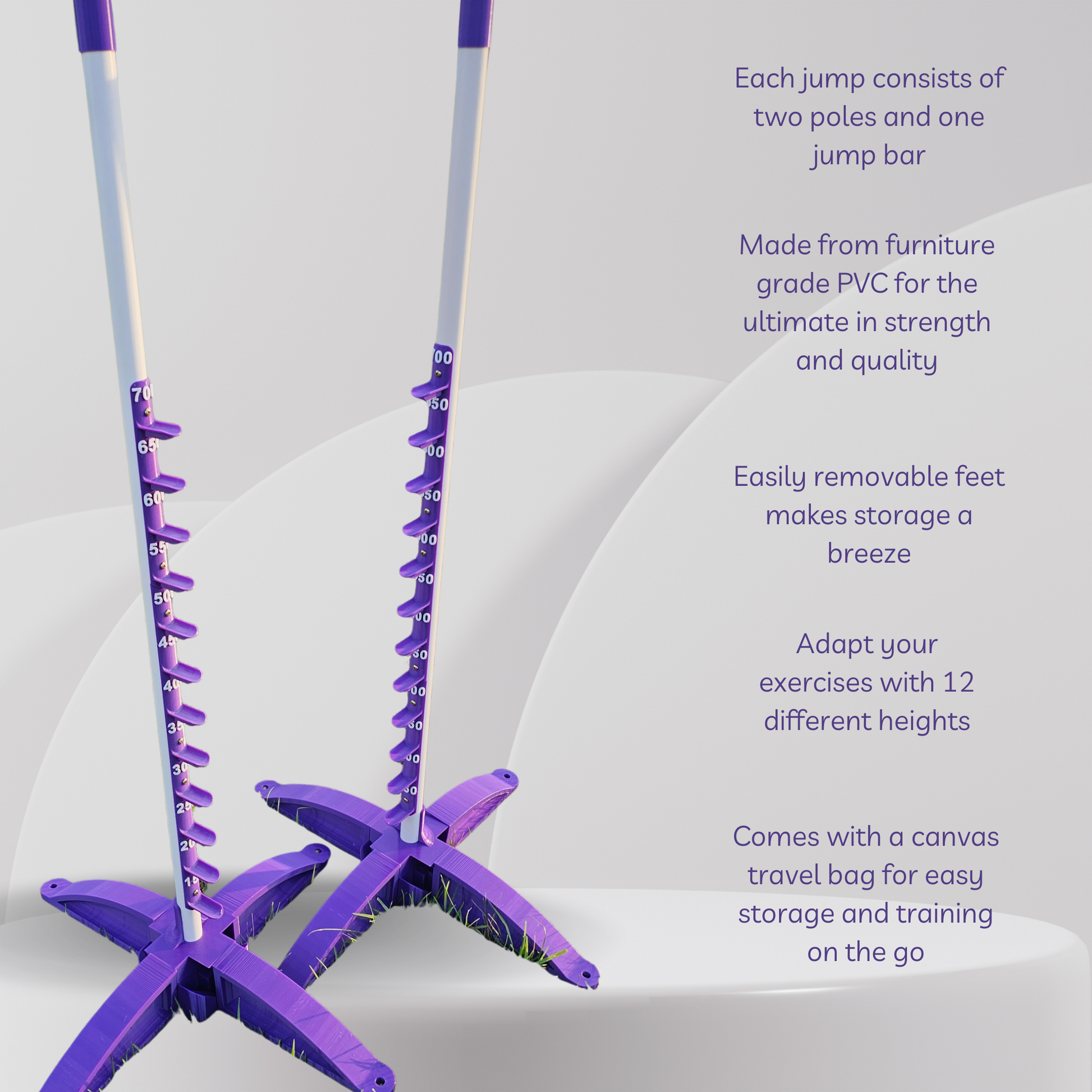 Purple jump with text detailing features on a white background