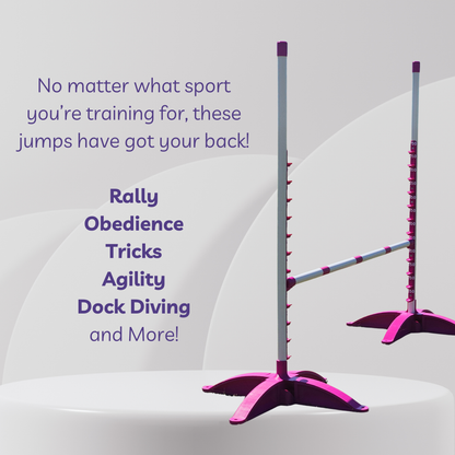 Purple and pink dog training jumps with text on a white background