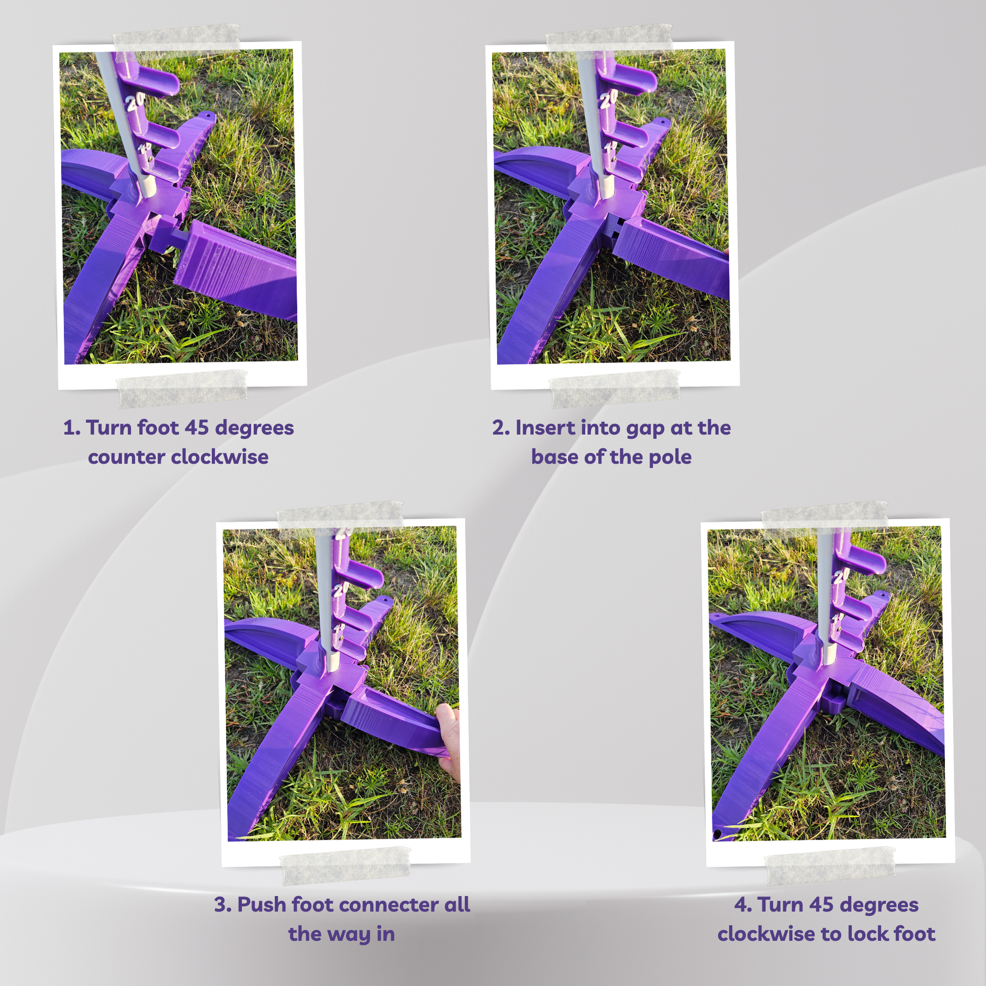 Step-by-step instructions for using a purple foot connector on a gray background with grass.