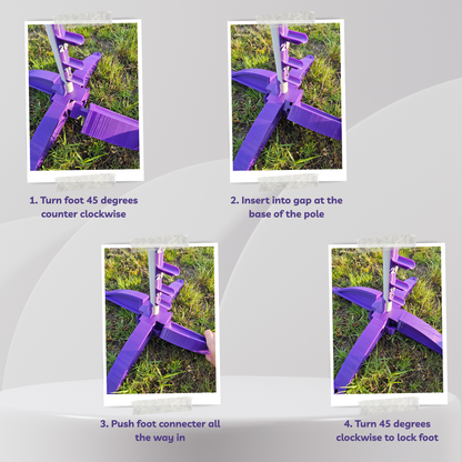Step-by-step instructions for using a purple foot connector on a gray background with grass.