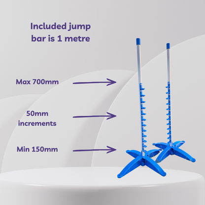 Blue jump bar with measurement details on a white background