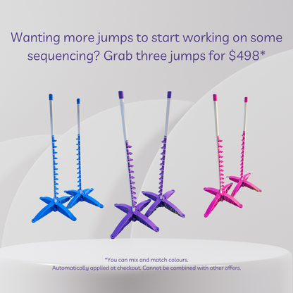 Three jumps in blue, purple, and pink on a white background with promotional text.