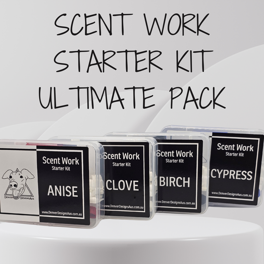 Four small clear plastic boxes labeled Scent Work Starter Kit with scent names Anise, Clove, Birch, and Cypress, arranged in front of large text reading 'SCENT WORK STARTER KIT ULTIMATE PACK' on a light gray background.