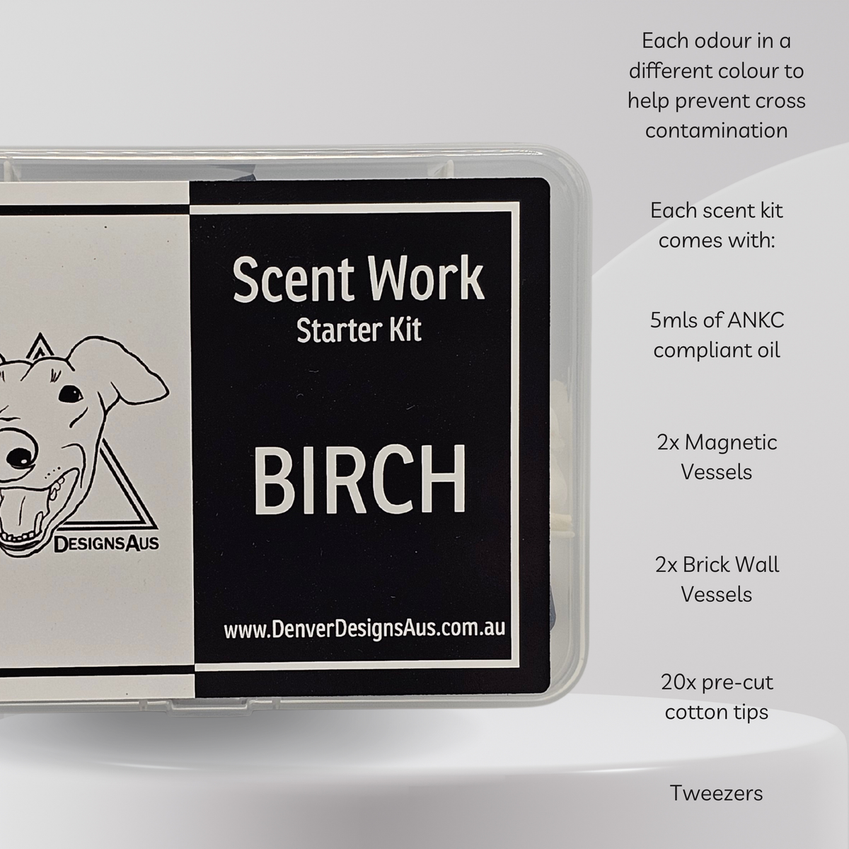 A Scent Work Starter Kit in a clear plastic case with a black and white label reading 'BIRCH' and 'DesignsAus'. The product is shown on a white background with informational text overlays detailing the kit contents.