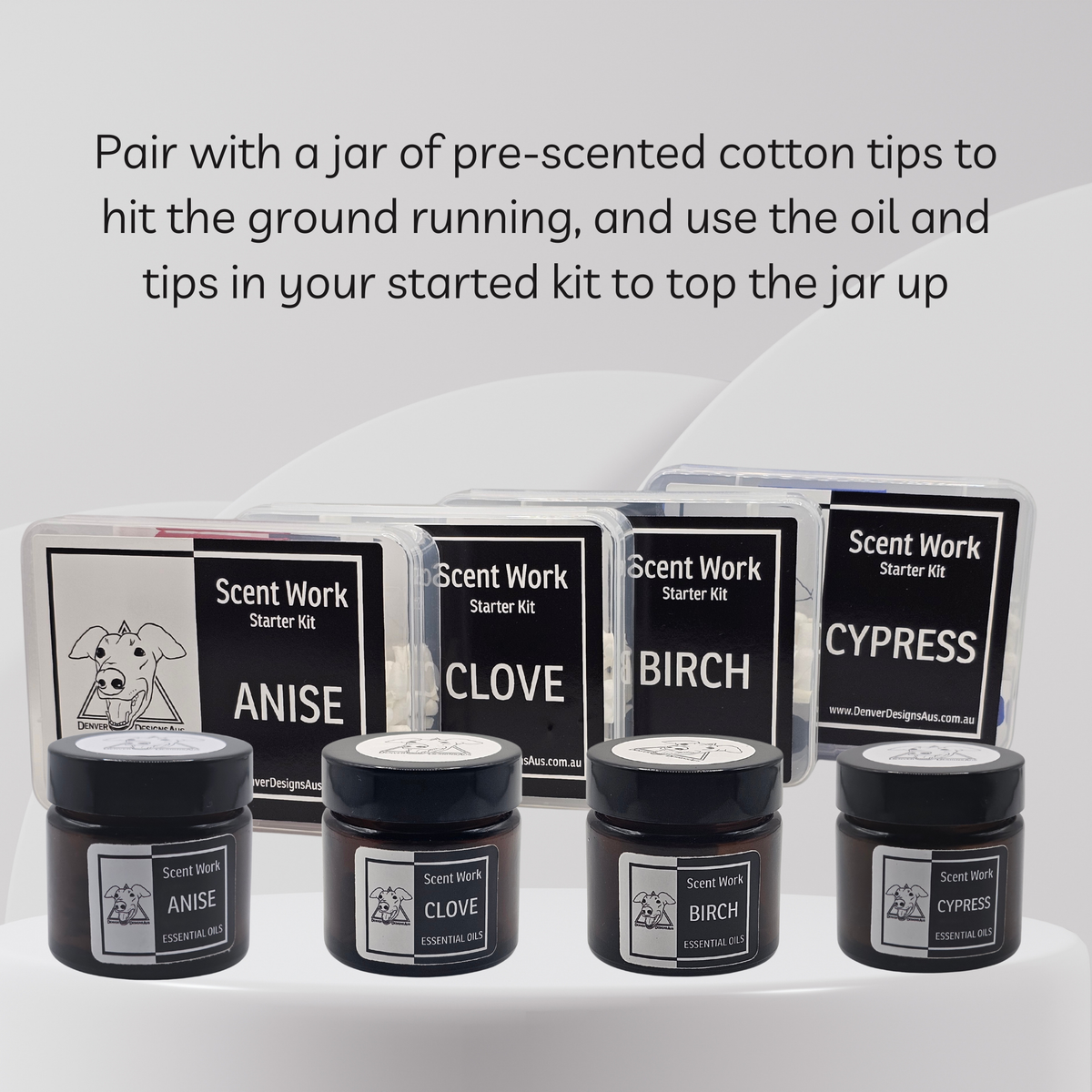 Four small black jars labeled Anise, Clove, Birch, and Cypress with clear plastic boxes behind them labeled Scent Work Starter Kit, arranged on a white background with descriptive text above.