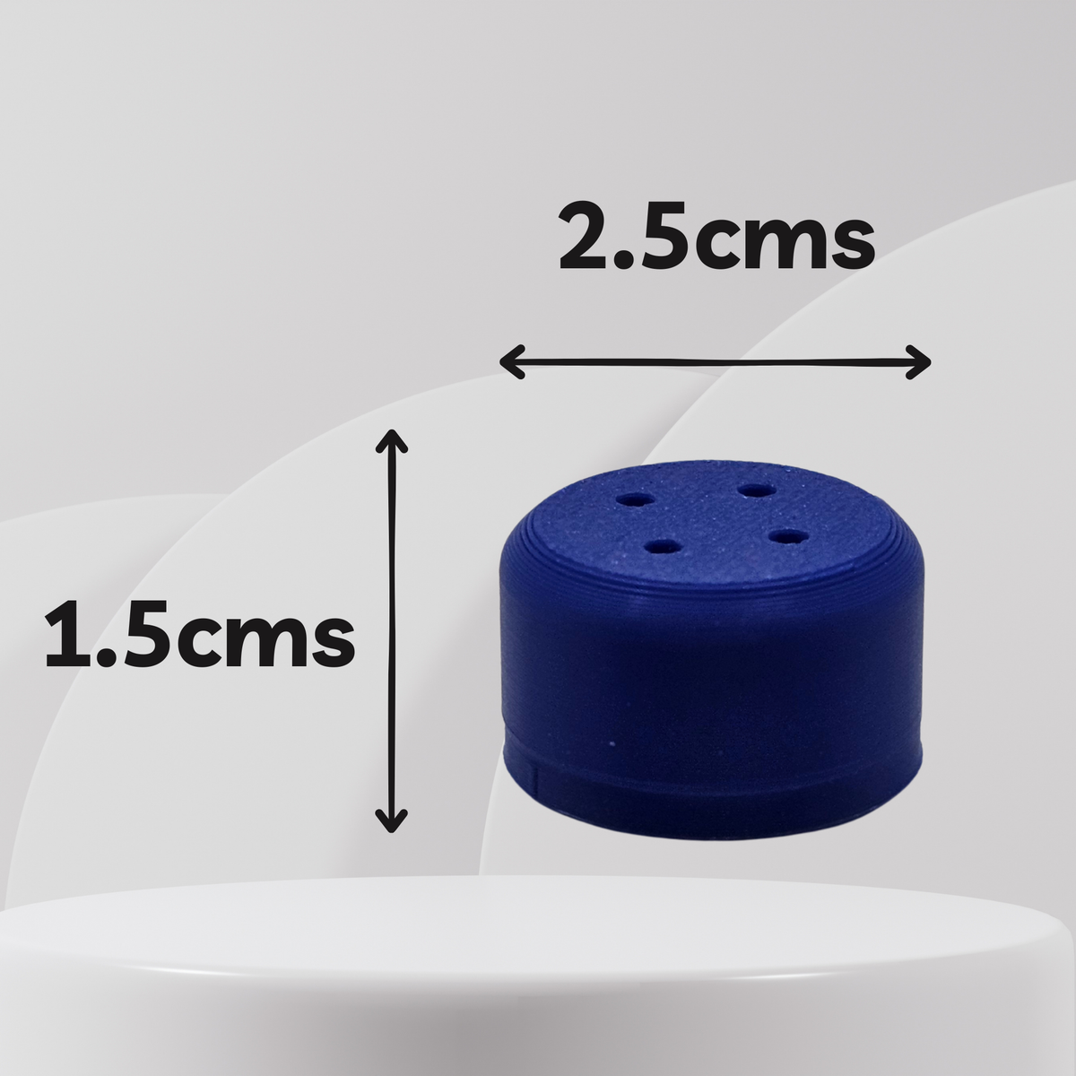 A small cylindrical blue scent vessel shown on a light gray background with overlaid dimension arrows and text reading 2.5cm width and 1.