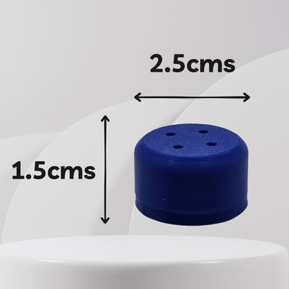 A small cylindrical blue scent vessel shown on a light gray background with overlaid dimension arrows and text reading 2.5cm width and 1.
