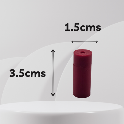A small cylindrical red scent vessel shown on a white pedestal with overlaid dimension arrows and text reading 3.5cm height and 1.