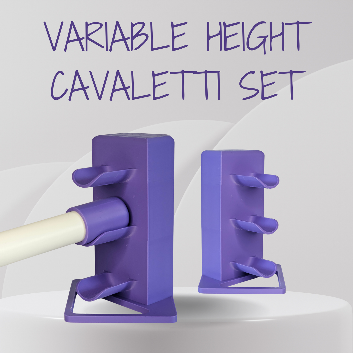 Purple variable height cavaletti set on a white background with text.