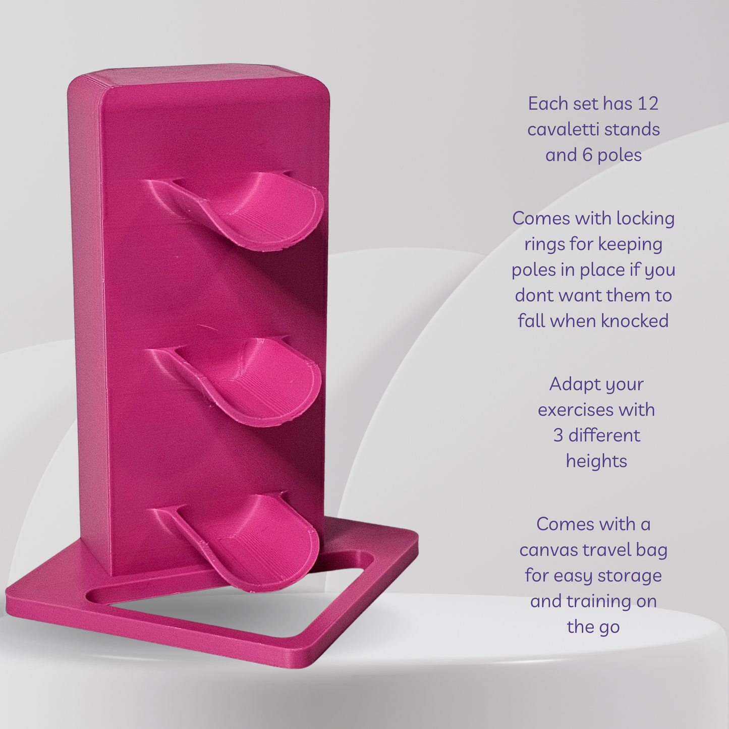 Pink cavaletti stand with text on a white background