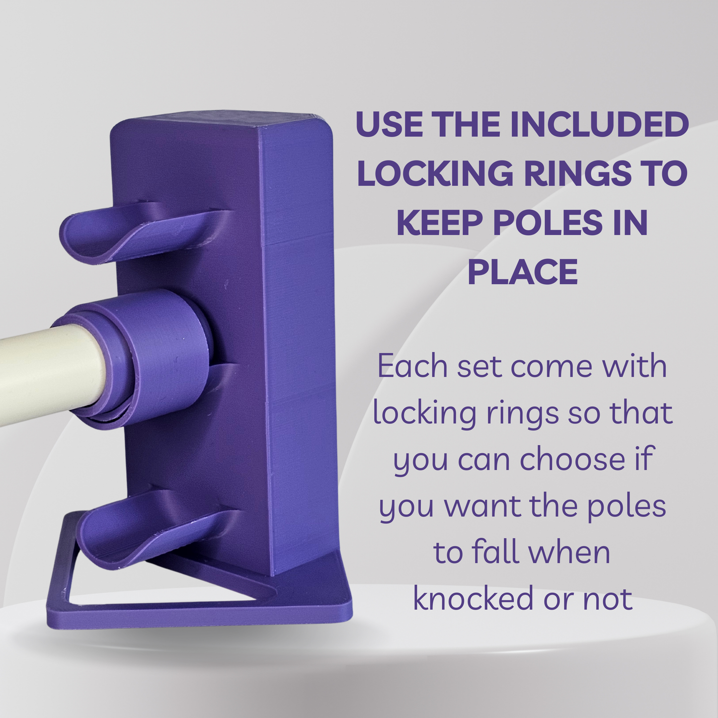Purple cavaletti with text about locking rings on a white background
