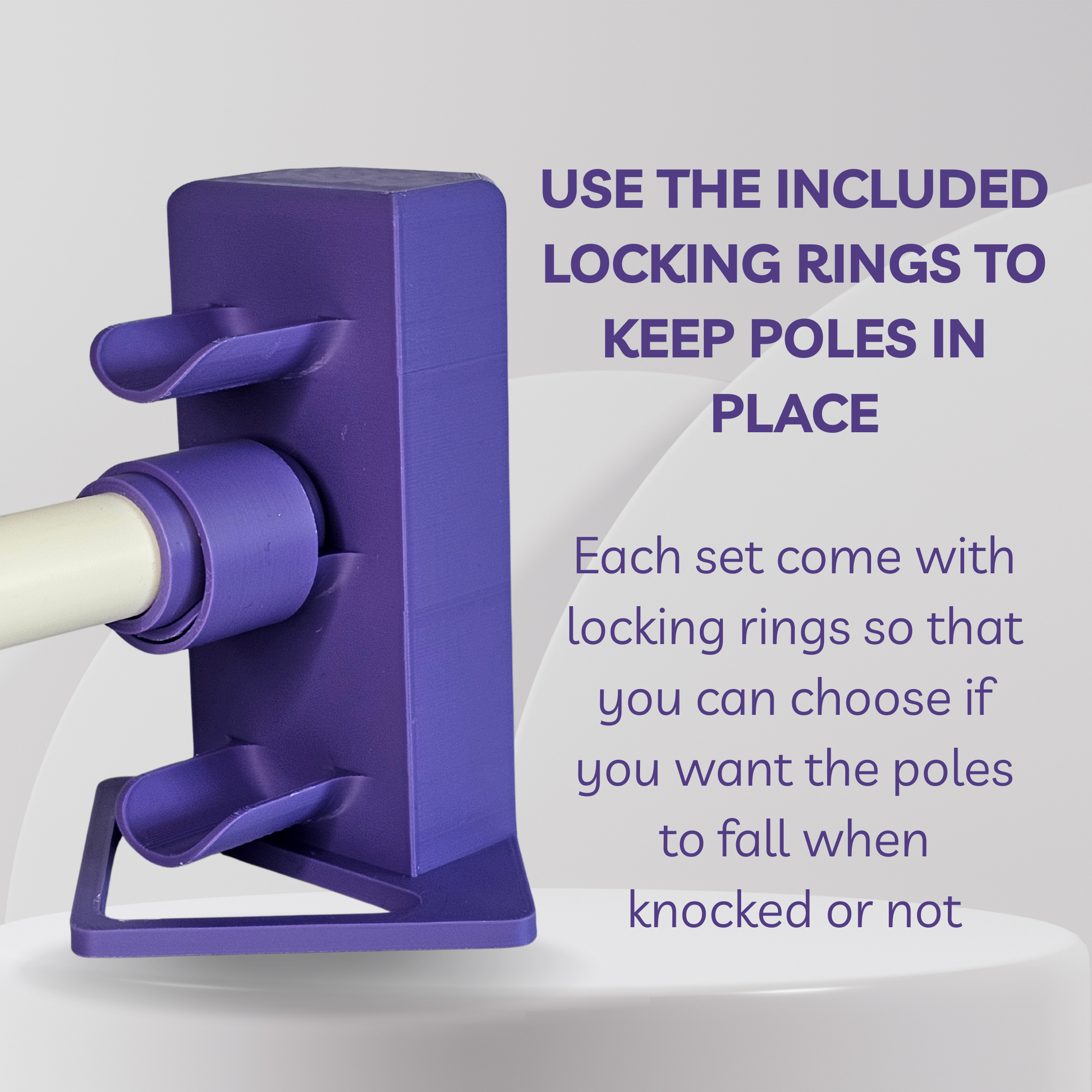 Purple cavaletti with text about locking rings on a white background
