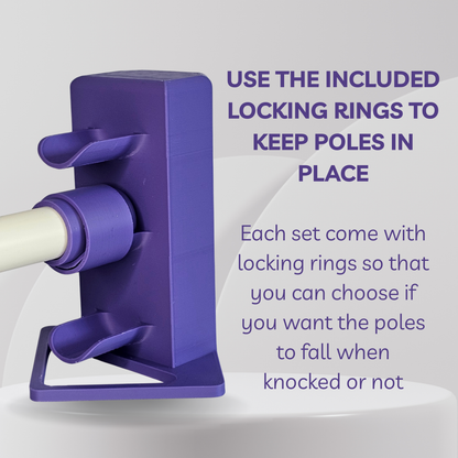 Purple cavaletti with text about locking rings on a white background