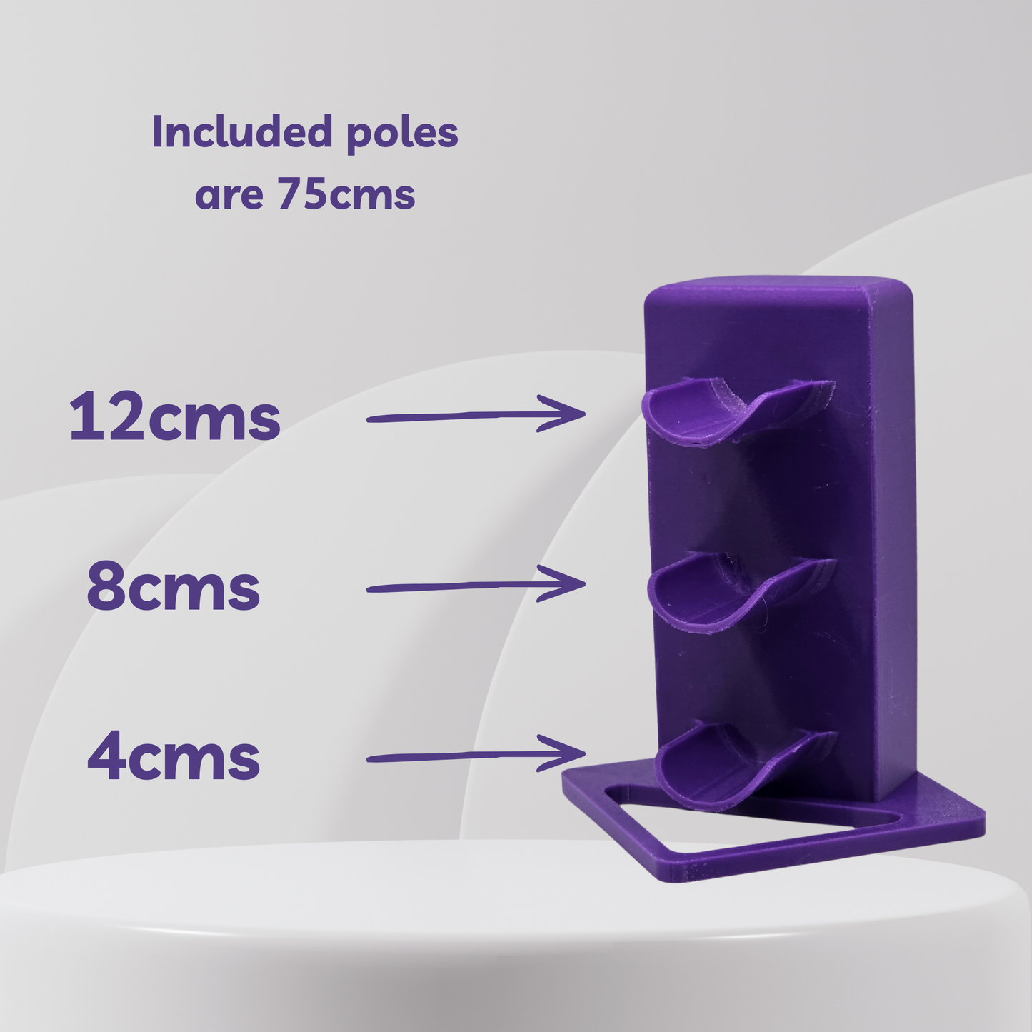 Purple cavaletti with measurements on a white background